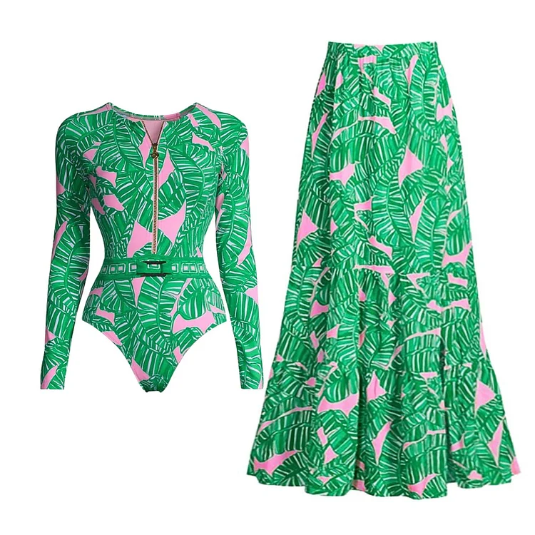 Long Sleeve Zip Front Jungle Printed One Piece Surf Swimsuit and Skirt