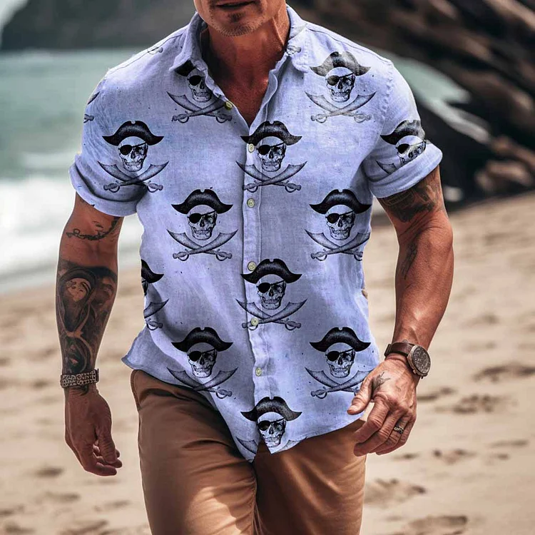 Men's Pirate Skull Hawaiian Beach Short Sleeve Shirt socialshop