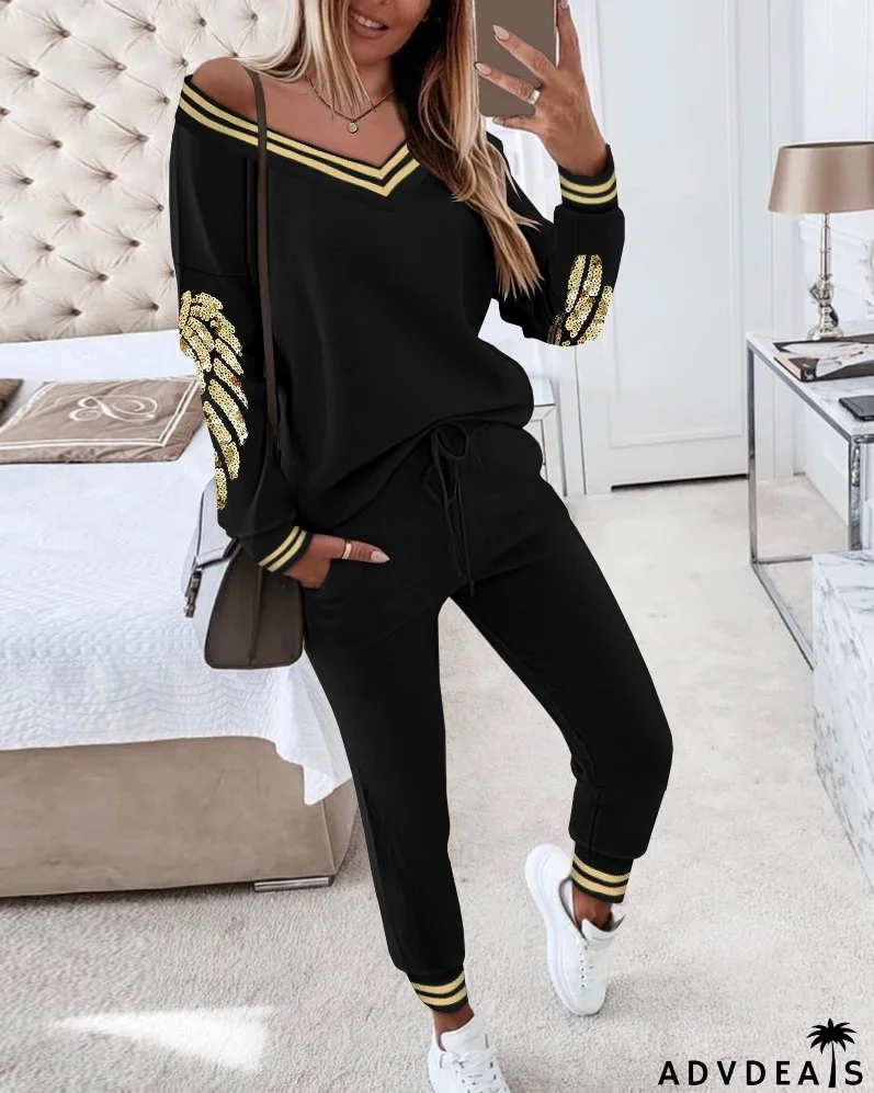 Autumn Winter Women V-Neck Long Sleeve Top Pocket Pants Casual Two-Piece Set