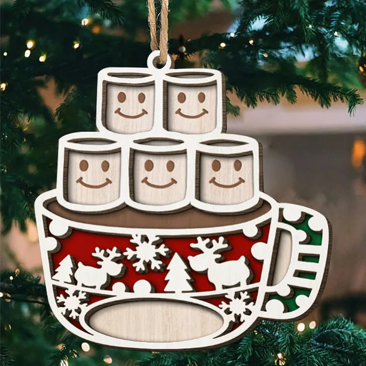 Christmas Family Ornament Custom 5 Names Coffee Cup Layered Wood Christmas Ornament