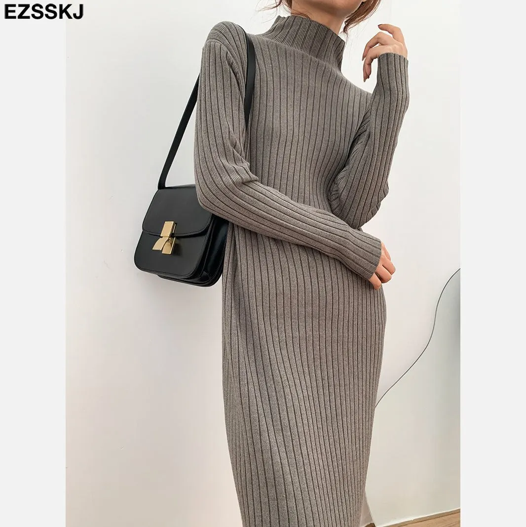 2021 autumn winter thick straight maxi sweater dress women high neck long sweater dress elegant female loose  sexy knit dress
