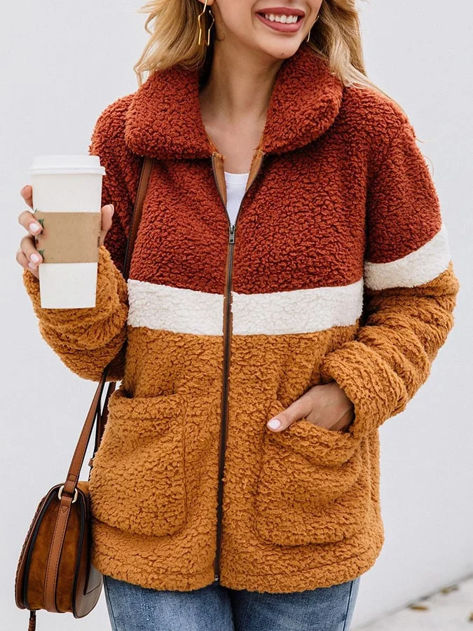 Women's Fashion Contrast Color Stitching Plush Jacket
