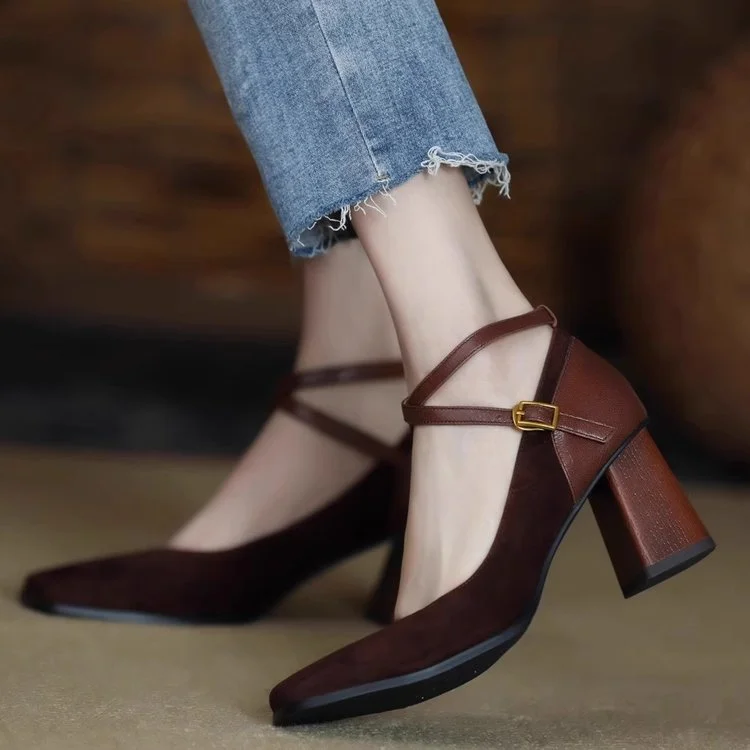 Yyvonne And Autumn New High-Heeled Women's Velvet Face Retro Head Thick Heel Cross-Buckle With Korean Version Of Shallow Mouth Mary Jane Single Shoes Female