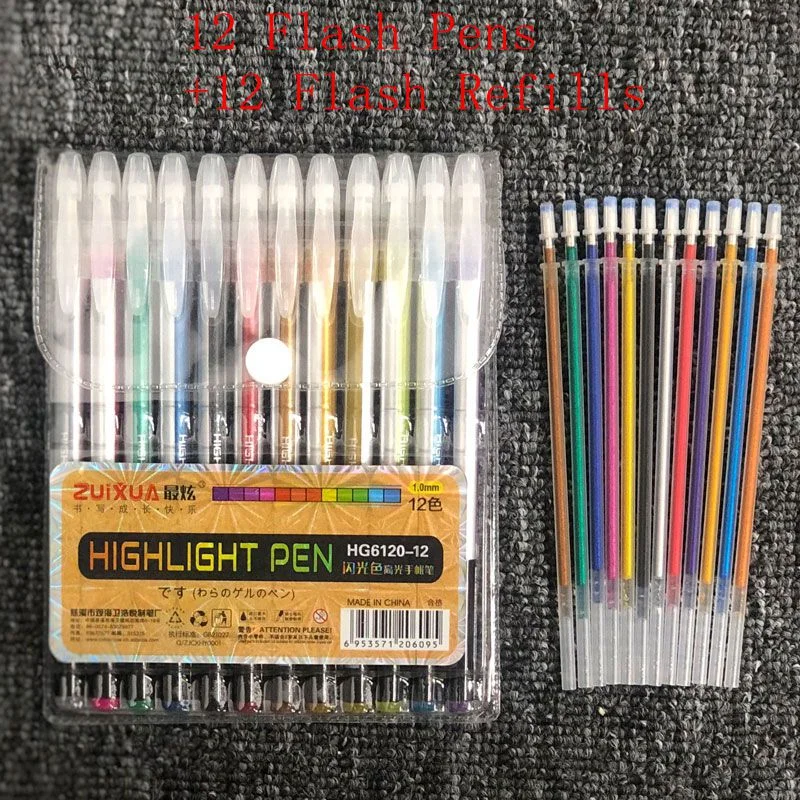 12pcs or 24pcs/Set 12 Colors1mm Glitter Gel Pen Coloring Books Journals Drawing Doodling Painting Colored Art Markers Stationery