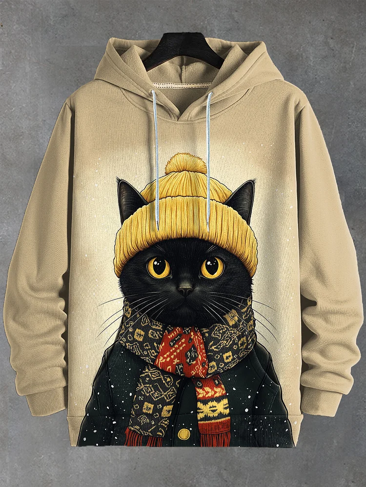 Men's Winter Outfit Black Cat Art Print Hooded Sweatshirt