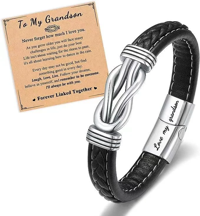 To My Grandson Love My Grandson Leather Knot Bracelet Stainless Steel Magnetic Bracelet