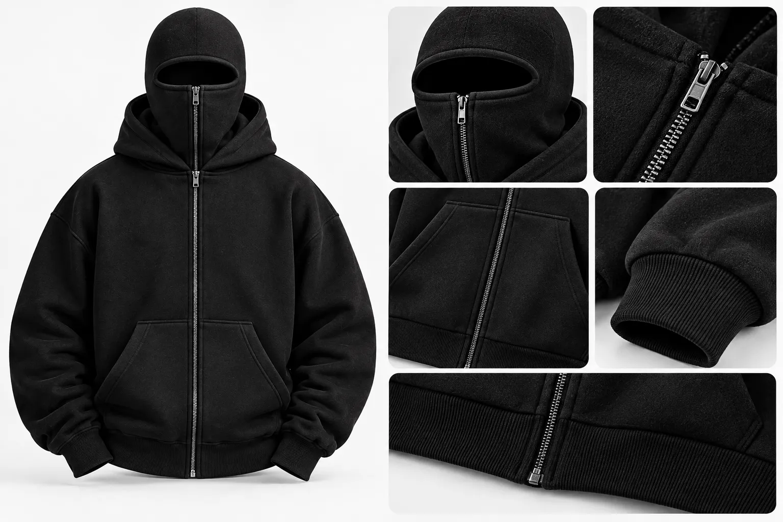 Balaclava hood with zip opening, metal zipper, kangaroo pocket, ribbed cuffs and ribbed hem close-up