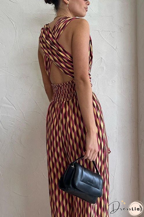 Meridress Chic Back Criss Cross Knot Waist Wide Leg Printed Jumpsuit