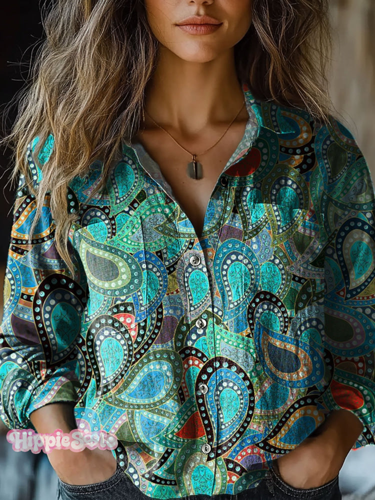 Women’s Vintage Paisley Cashew Pearls Print Casual Long Sleeve Comfortable Cotton Shirt