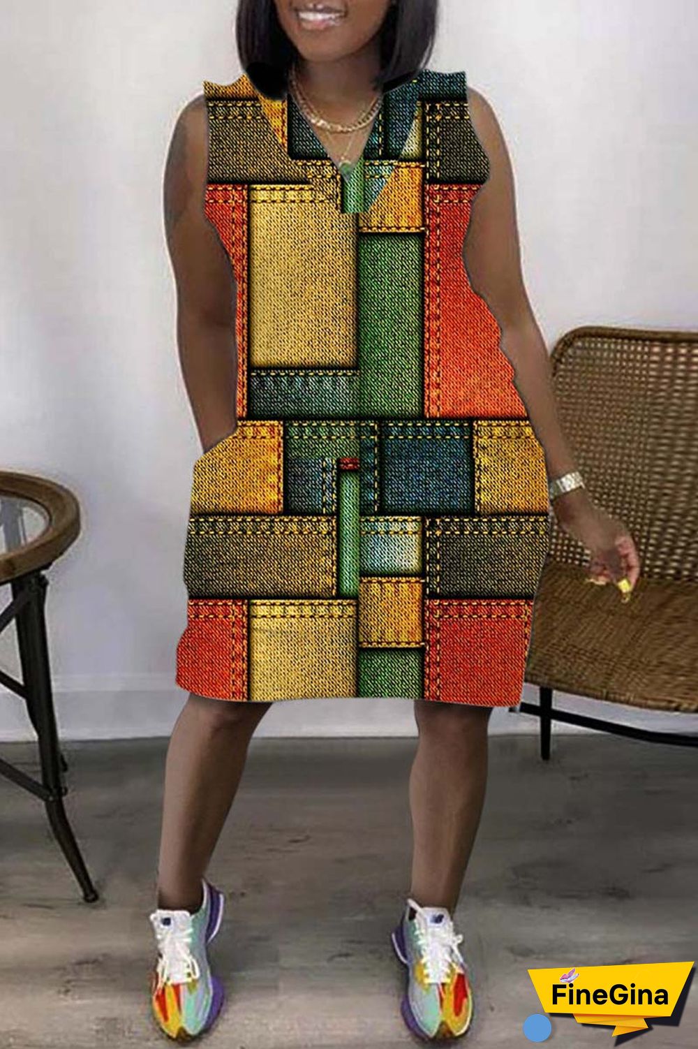 Coffee Casual Print Basic V Neck Sleeveless Dress Dresses