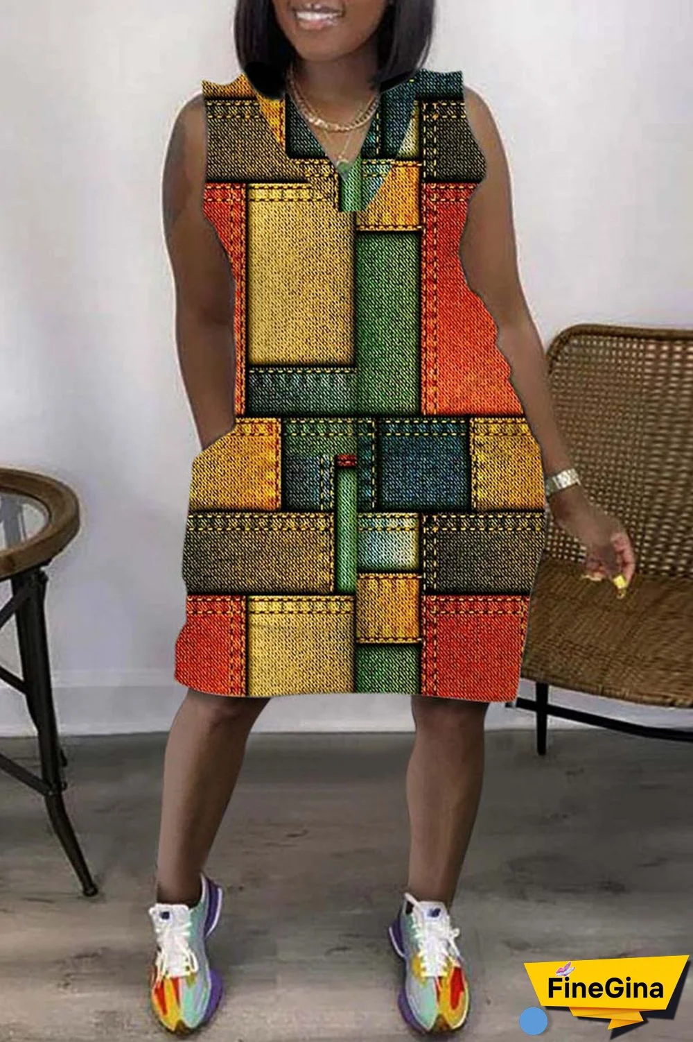 Coffee Casual Print Basic V Neck Sleeveless Dress Dresses