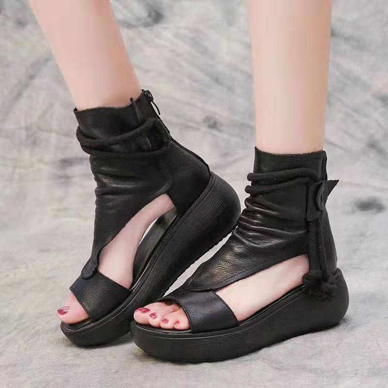 High-Top Height Increasing Wedge Sandal Boots Soft Leather Platform Peep Toe Sandals