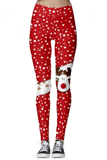 Womens Reindeer Christmas Leggings Red-elleschic