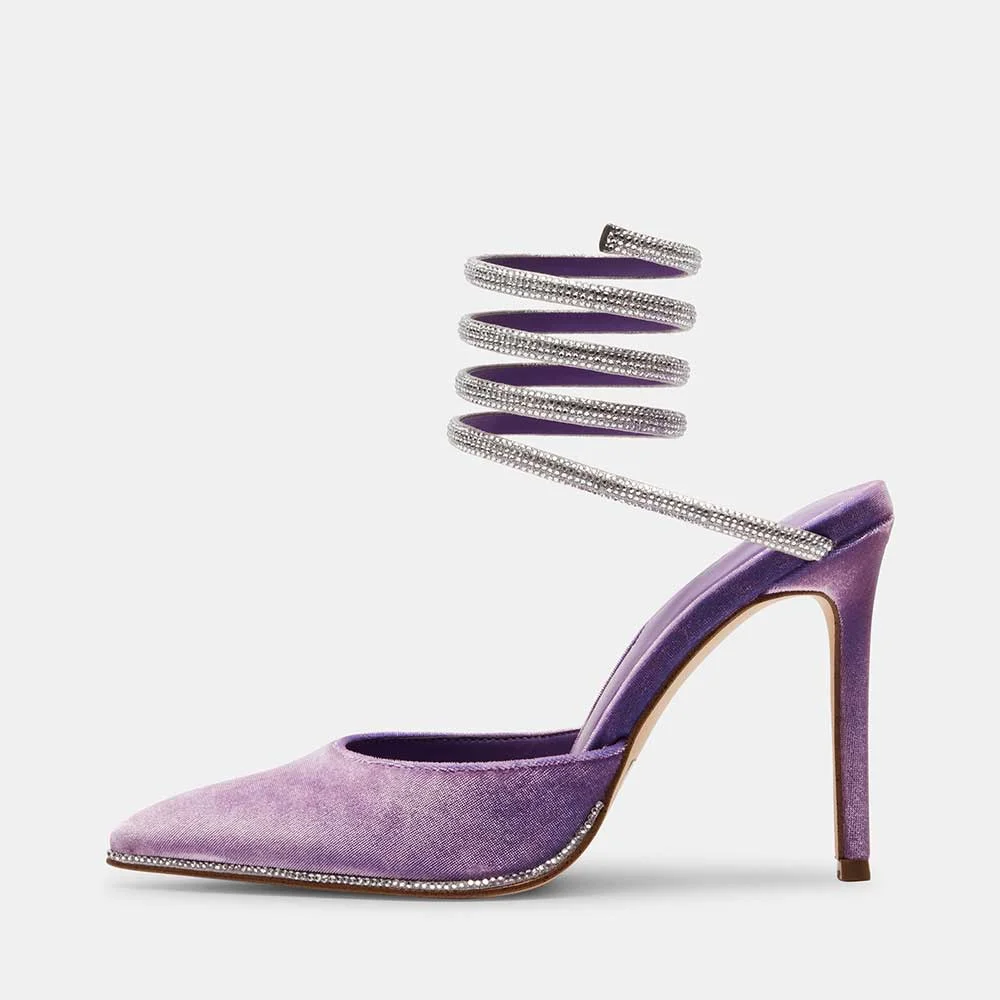 Purple Velvet Pointed Toe Rhinestone Embellished Lace Up Pumps With Stiletto Heels Nicepairs