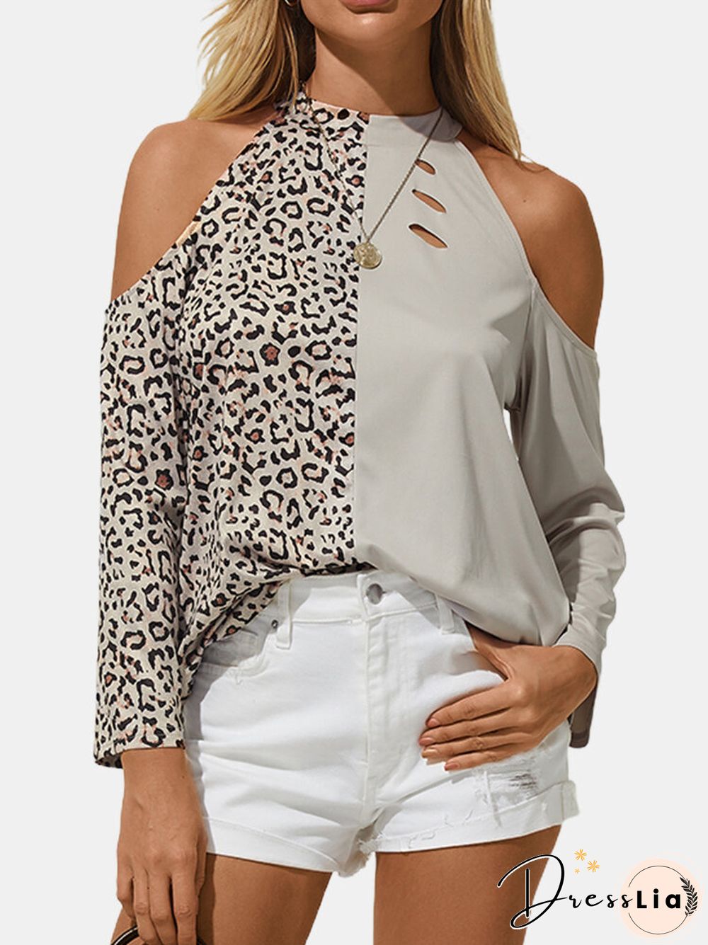 Women Leopard Print Patchwork Off Shoulder Long Sleeve Casual Blouse