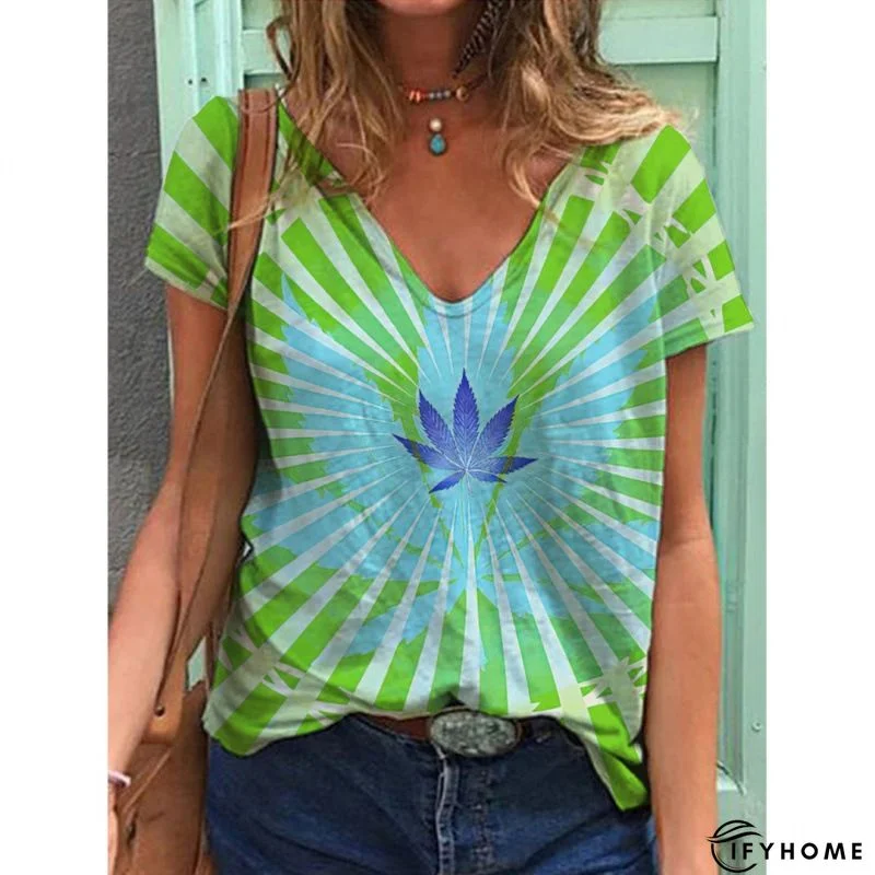 Floral  Short Sleeve Printed  Cotton-blend  V neck  Lady  Summer  Blue Top | IFYHOME