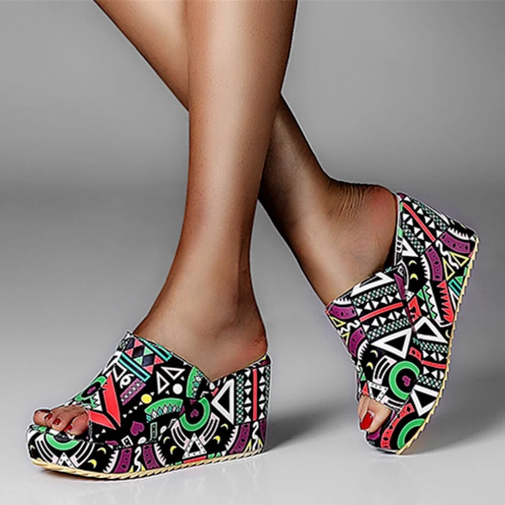 BONJOMARISA 2020 New Unique Geometric Platform Fashion High Heel Wedges Slippers Women Cool Colorful Summer Shoes Woman