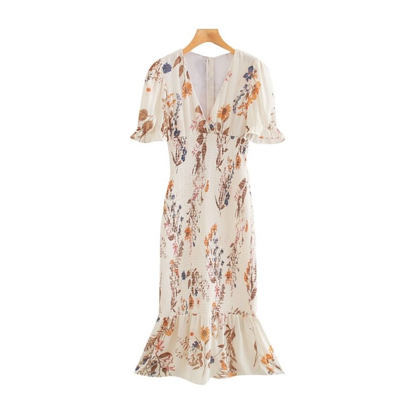 TRAF Women Chic Fashion Floral Print Ruffled Sheath Midi Dress Vintage Short Sleeve Back Zipper Female Dresses Vestidos