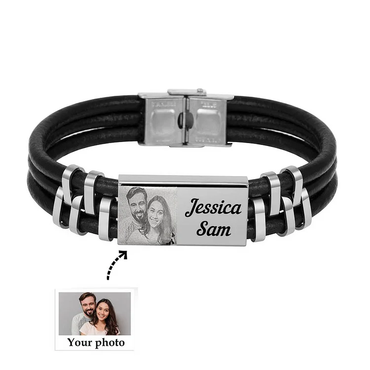 Personalized Photo Bracelet in Silver ID Bar Leather Bracelet Father's Day Gift