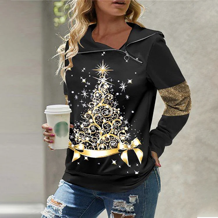 Wearshes Christmas Tree Print Lapel Zip Long Sleeve Sweatshirt