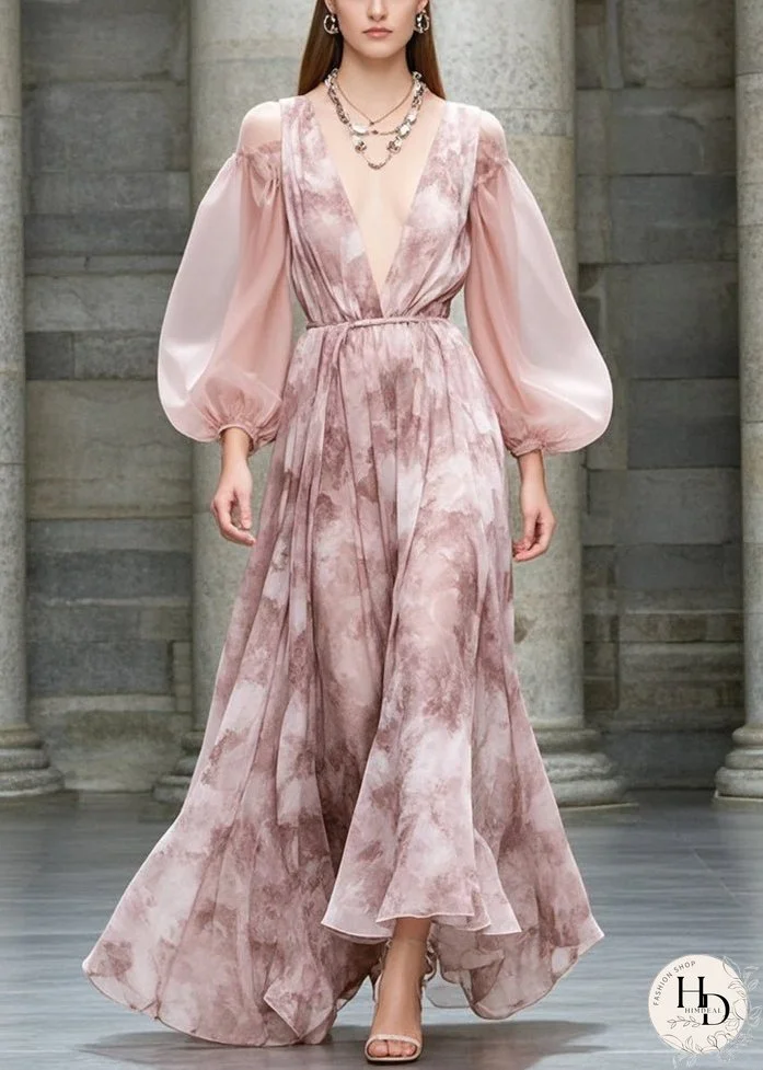 Style Pink Cold Shoulder Print Chiffon Party Dresses Fall