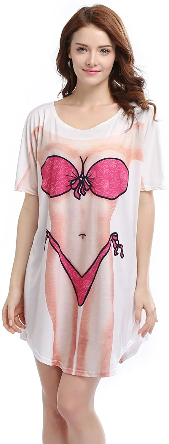 Lady's Fun Wear Hot Pink Bikini Print Cover Up T-Shirt