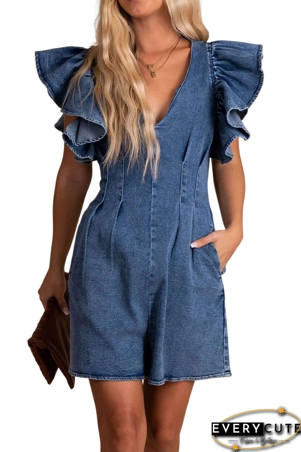 Blue Ruffle Pleated Denim Romper with Pockets