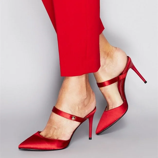 Red Satin Pointed Toe Stiletto Heel Mules Shoes |FSJ Shoes