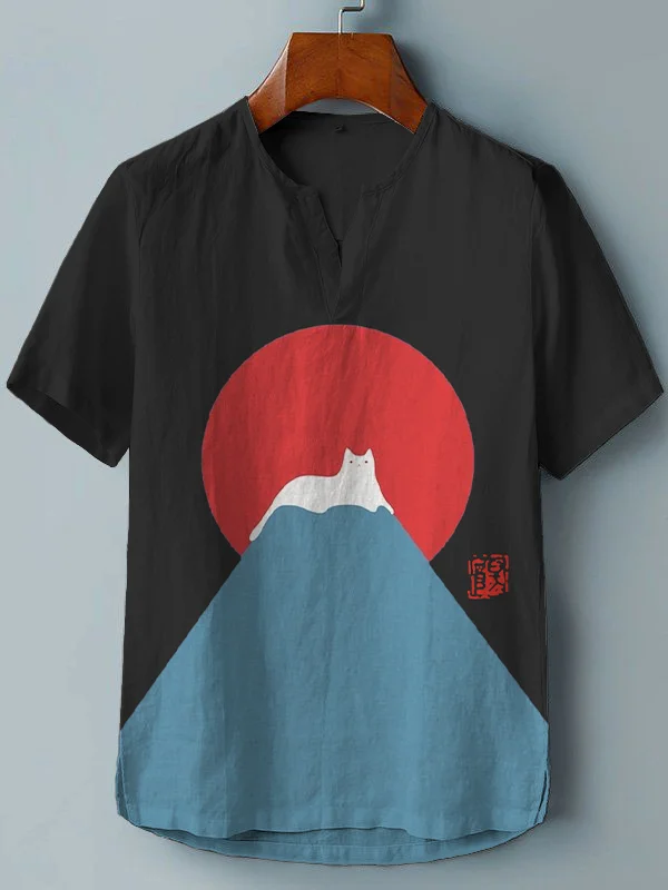 Women's Mt. Fuji White Cat Snow Vintage V Neck T-Shirt