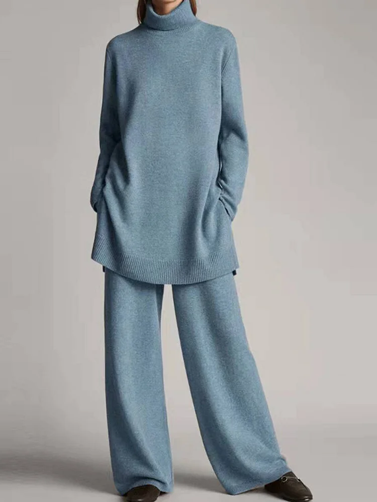 Elegant Solid Turtleneck Knit Top and Pants Set