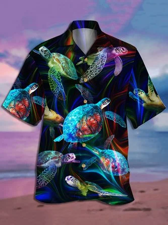 Colorful  Mens Sea Turtles Print Casual Breathable Short Sleeve Aloha Shirt
