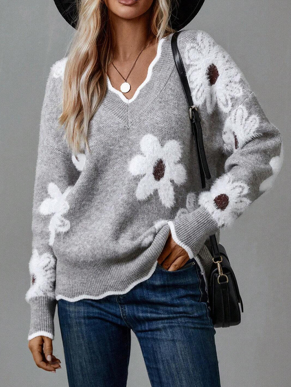 Casual Knit Jacquard Wavy V Neck Fuzzy Sweater