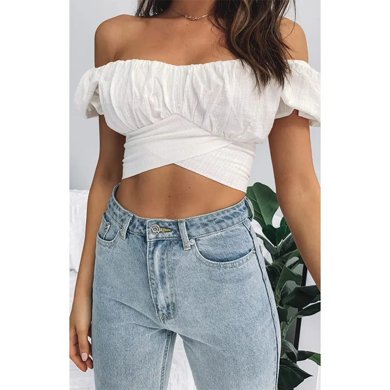 Bohemian Lantern Short-Sleeved Umbilical Straps Short-Shirts Pleated Solid Colors Small
