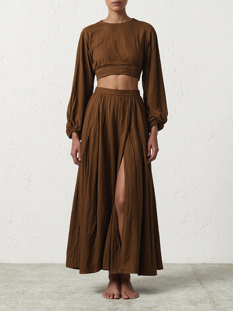  Cotton and Linen Long Sleeve Top & Slit Skirt Set