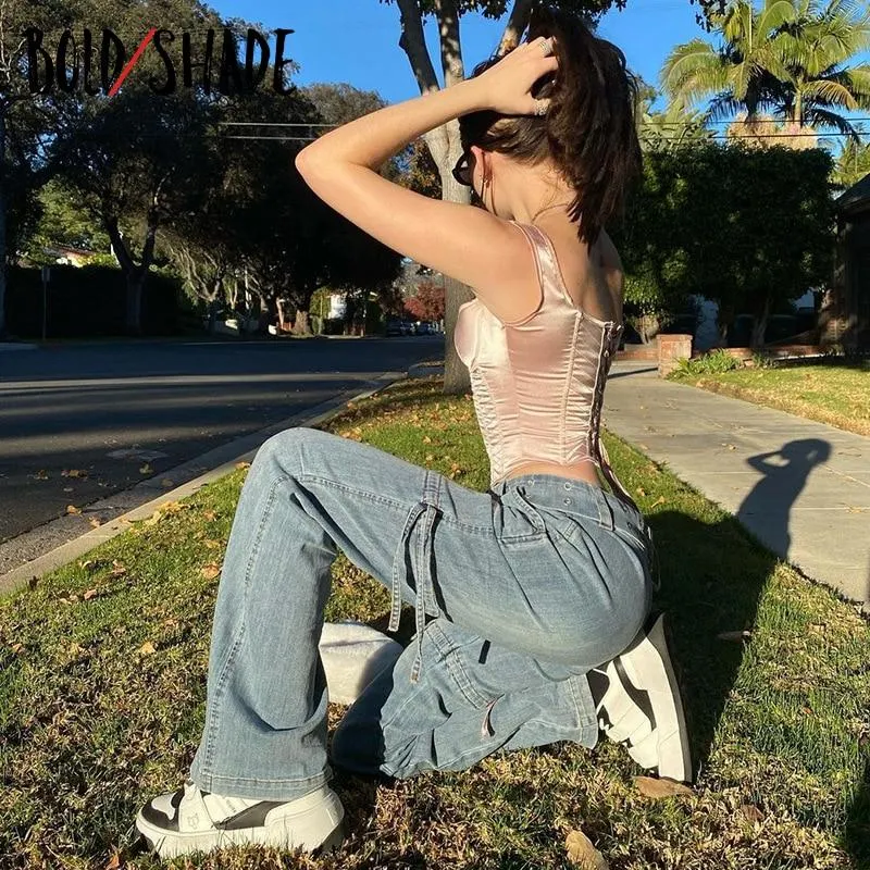 Bold Shade Indie Aesthetic Y2K Denim Jeans Streetwear Fairy Core Baggy Pants Women Pocket 90s Vintage Low Rise Jeans 2021 Summer