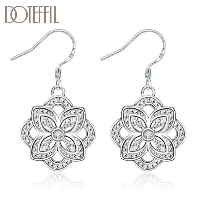 DOTEFFIL 925 Sterling Silver Classic Flower-Shaped AAA Zircon Earrings Charm Women Jewelry 