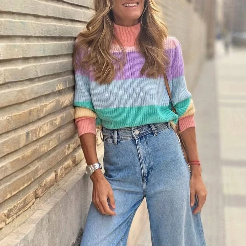 Back to school outfit Sonicelife  Fashion Warm Turtleneck Contrast Color Pullover Top Winter Casual Long Sleeve Sweaters 2023 Autumn Cute Colorful Striped Sweater