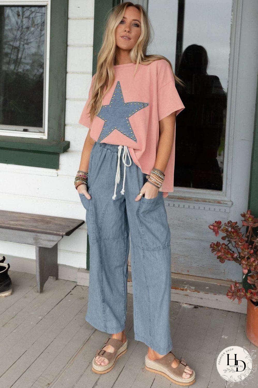 Apricot Pink Star Patch Graphic Tee with Studded Detail