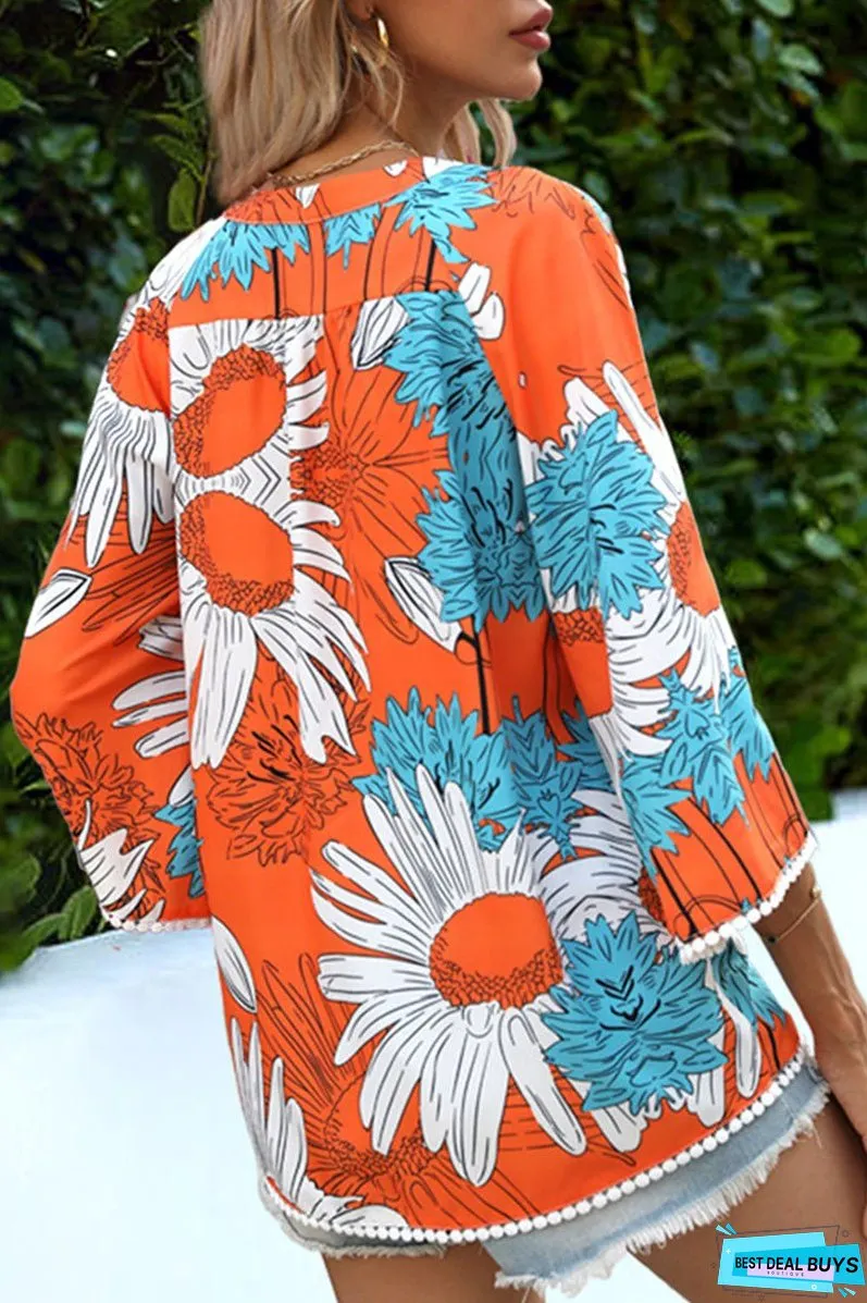 Fashion Casual Print Split Joint V Neck Tops