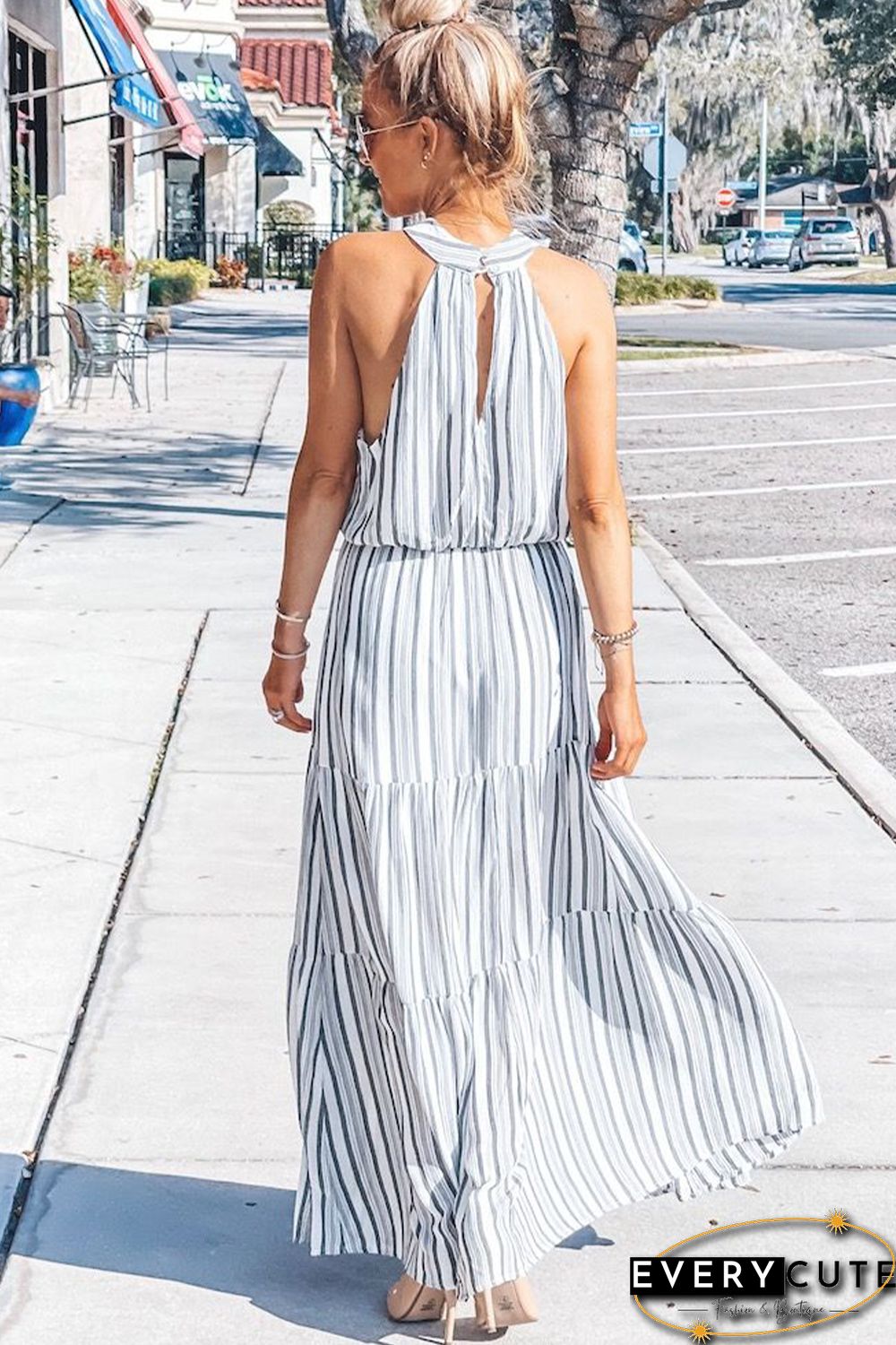 Halter Neck Sleeveless Cutout Tiered Striped Maxi Dress