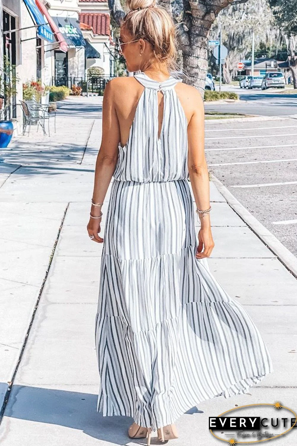 Halter Neck Sleeveless Cutout Tiered Striped Maxi Dress