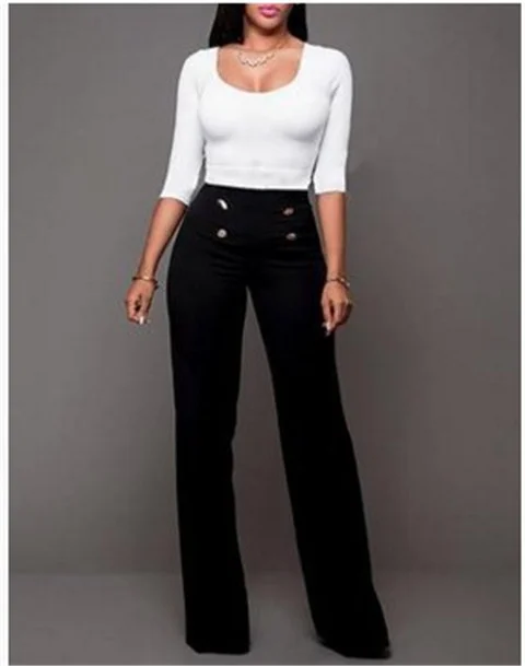 Uveng Uveng Early Autumn New Solid Color Bhabred Decorative Button Straight High Waist Broad Leg Female Trousers