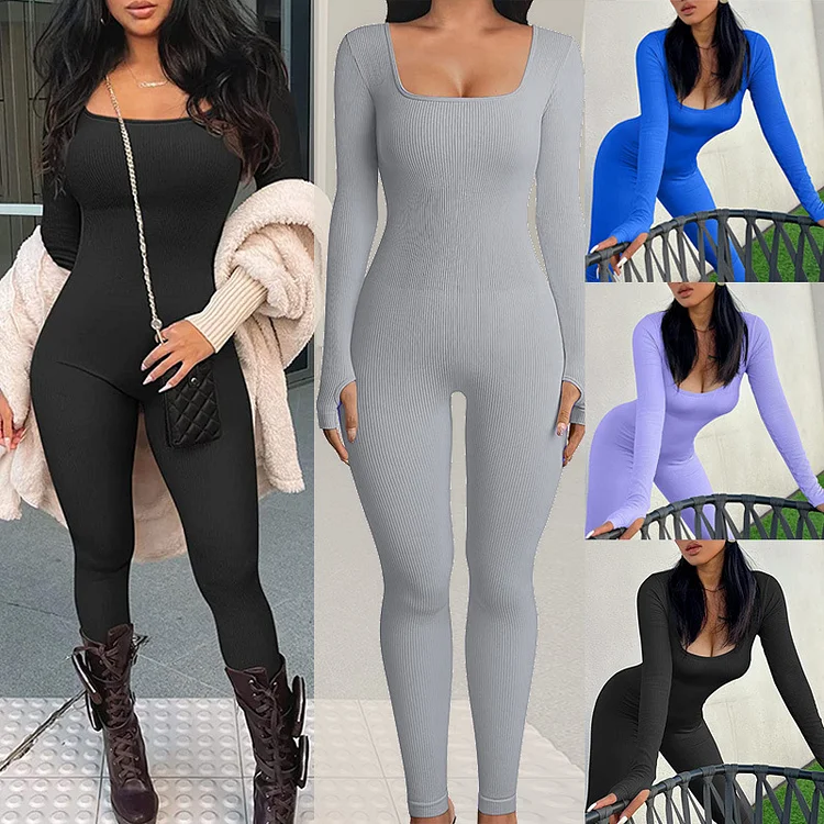 Women's Solid Ribbed Long Sleeve Sports Tight-Fitting Playsuit Jumpsuit