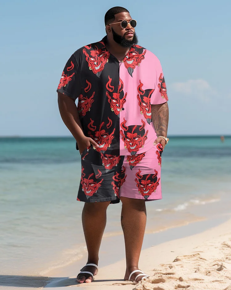 Men's Large Size Hawaiian Color Block Flame Clown Shirt and Shorts Two Piece Set