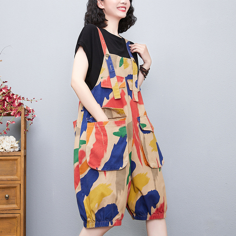 Loose Painted Strap Wide-Leg Denim Jumpsuit