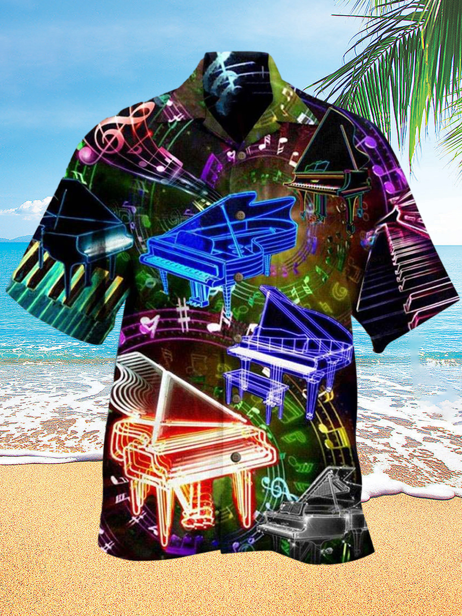 Men's Neon Piano Music Party Print Hawaiian Short Sleeve Cuban Collar Shirt ​ PLUSCLOTHESMAN