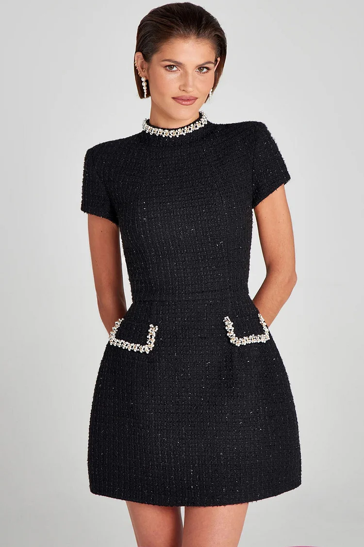 Beaded Embellished Pocket Tweed Mini Dress-Black