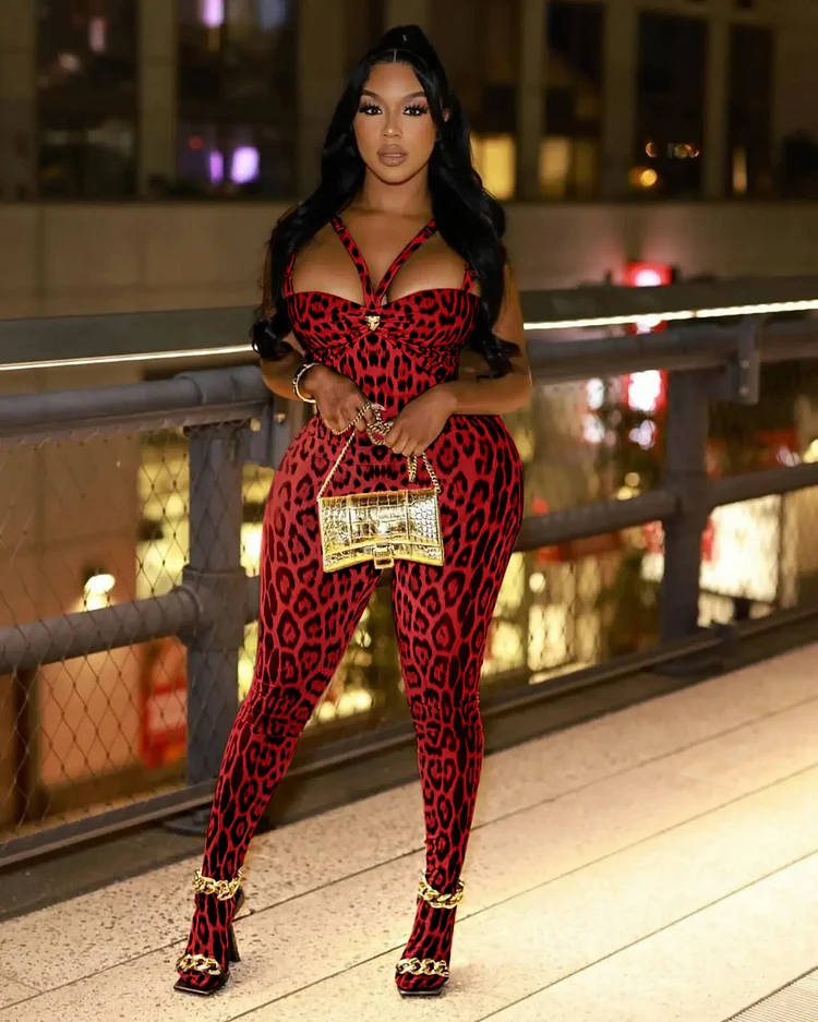 Straps Cutout Leopard Print Party BodyStocking Jumpsuit-Brown