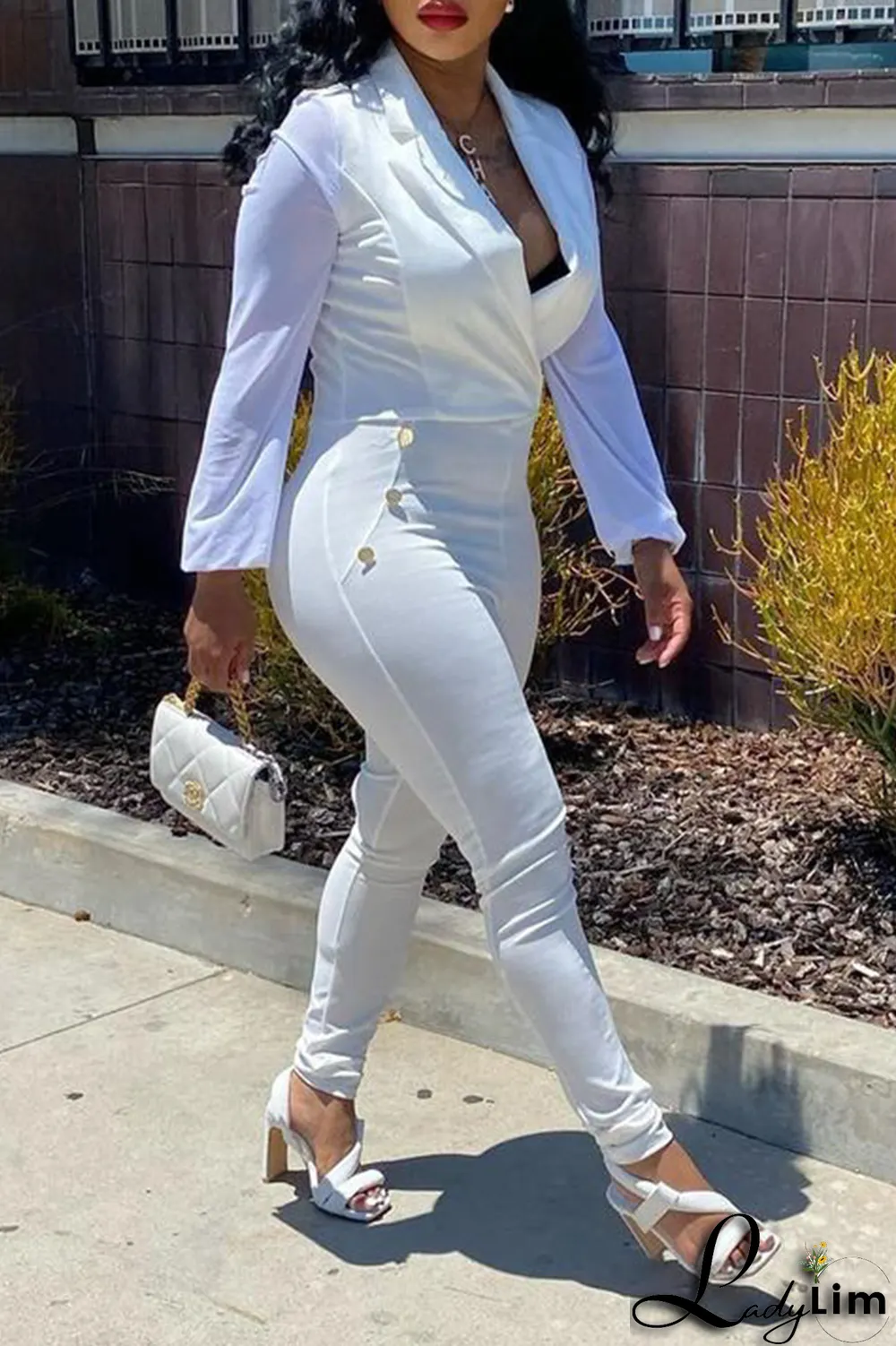 White Fashion Solid Patchwork Turndown Collar Regular Jumpsuits