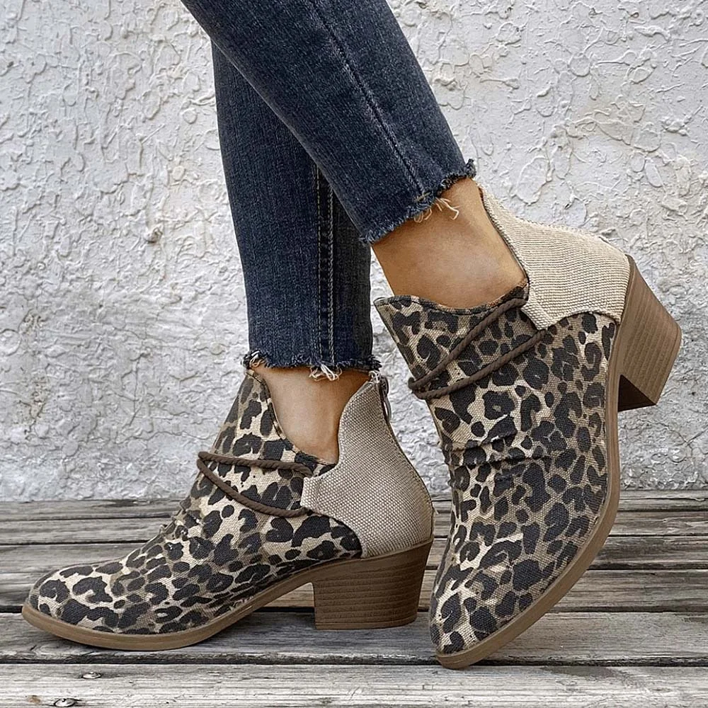 Smiledeer Pointed toe square heel women's leopard print fashion ankle boots